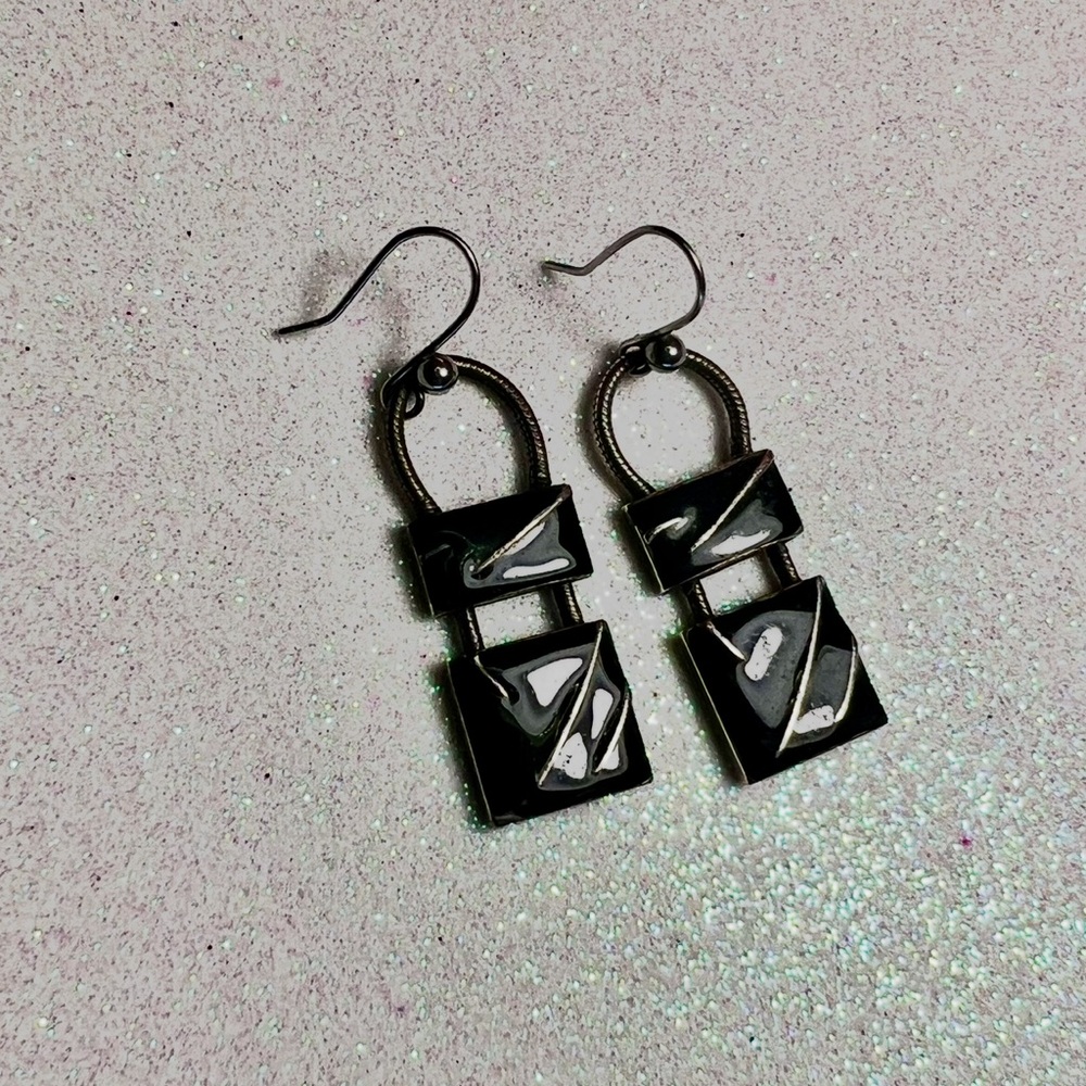 Chico’s Black Enamel Dark SilverTone Dangle Earrings.